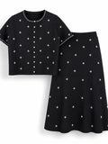 Elegant Beaded Two Piece Set for Women Round Neck Short Sleeve Cropped Top A Line Maxi Skirt for Office Daily Party Suit