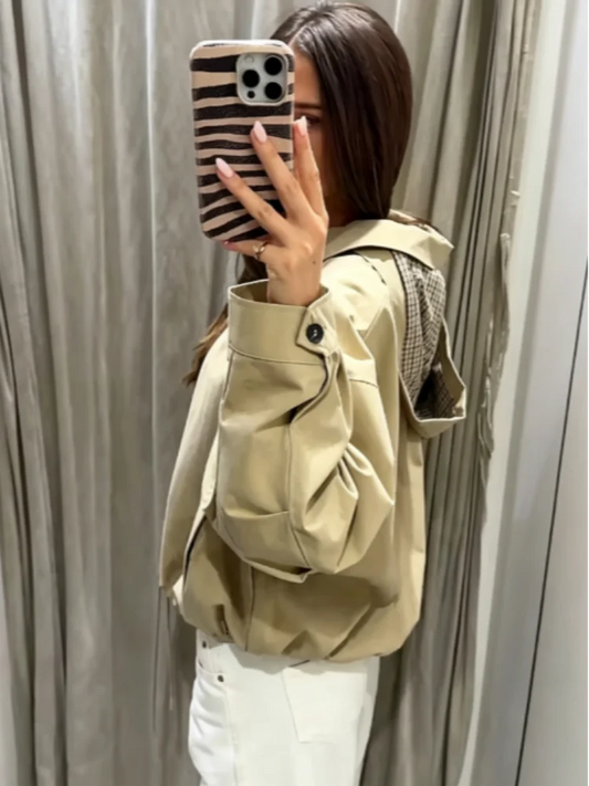 Khaki Hooded Cropped Jacket Faux Two‑inner Zip‑up Plaid Fabric Drawstring Bottom Women Coats Spring Autumn Casual Daily Outfits