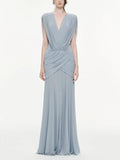 2026 Summer New Ruched Maxi Dress Women Draped Sleeveless V Neck Elegant Folds Dresses Formal Evening Party Gown