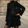 Autumn Retro Two Piece Set for Women Stand Collar Slim Long Sleeve Versatile Top Short Skirt Commuter Suits Female