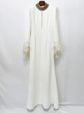 Beaded Feather Formal Evening Dress Apricot Long Sleeves Slim fit Women's Gowns Elegant Wedding Party Dress