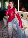 Sleeveless Skew Collar PU Leather Vest With Sleeves Top Two Pieces For Women Streetwear Fashion Slim Crop Tops Punk Style