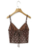 Casual Coffee Polka Dot Two Piece Set for Women Lace Trim Cami Sheer Mesh Ruffled Midi Skirt Set for Vintage Dates