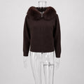 Women Hooded Knit Cardigan Sweater Coat Fluffy Faux Fur Collar Two Way Zip Solid  Loose Casual Jacket 2026 Autumn Winter