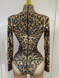 Sexy Sparkly Diamonds Leopard Print Bodycon Stretch Jumpsuit Women Eveing Party Nightclub Singer Dancer Stage Performance Outfit