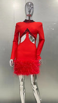 2026 Luxury Ostrich Feather Glam Hollow Red Bandage Dress Christmas Party Dinner Performance Wear Cocktail Formal Evening Gown