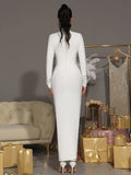 Elegant Women Diamond Celebrity Evening Bandage Maxi Dress White Long Sleeved Sexy Luxury Bodycon Cocktail Party Gown