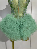 Women Birthday Party Costume Bar Nightclub Singer Sexy Stage Performance Outfit Sparkly Green Diamonds Mesh See Through Bodysuit