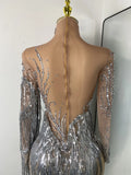 Women Sparkly Crystal Pearl Tassels Sexy Sheer See Through Bodycon Mini Silver Outfit Birthday Dress Dancer Performance Costume