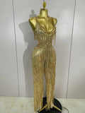 Sparkly Black Rhinestones Sequined Fringe Jumpsuit Women Sexy Nightclub Party Birthday Outfit Show Singer Stage Perform Costume