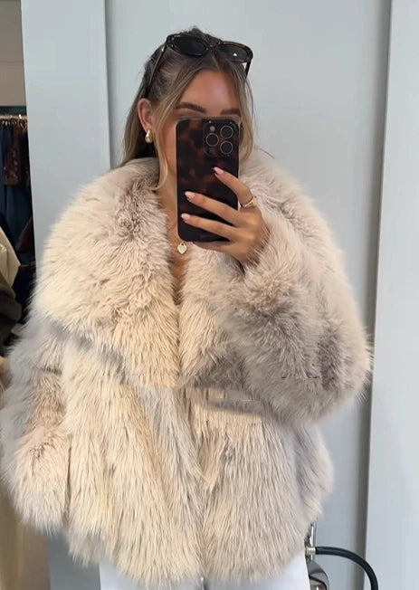 Fashion Women Solid Lapel Faux Fur Coat Long Sleeve Fluffy Loose Short Cardigan Jacket Winter Lady Thicken Warm Outwear