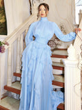 Solid Spliced Ruffles Elegant Dresses For Women Turtleneck Long Sleeved High Wasit Slim Floor Length Dress Female Fashion