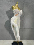 Sexy Sheer Mesh Pearl Beaded Feather Trim Strapless Mermaid Evening Dress for Birthday Party