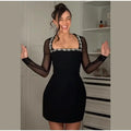 Sexy Square Neck Hot Stamping Mini Dress Elegant Full Sleeve With Perspective High Waist Slim Short Dresses Lady Party Robes