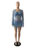 Glitter Sequins Knitted Skirt Sets Women 3 Piece Outfit Vacation Festival Clothing Sheer Top and Mini Skirt Matching Sets