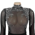 Sexy Rhinestone Patchwork Bodycon Jumpsuits Women Mesh See Through Long Sleeves Rompers Female Party Clubwear Overalls