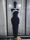 Sexy Halter Neck Cut out Diamonds Bandage Dress Women Black Sleeveless Backless Crystal Bodycon Long Dresses Evening Party Gowns