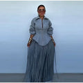 Grey Long Sleeve 2 Piece Outfit Chic Lapel Zip Slim Top Long Fringe Wide Leg Pants 2026 Autumn Women Casual Lady Matching Set