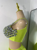 Sparkly Rhinestone Diamonds High Split Two Pieces Women Sexy Outfit Night Club Skirt Suits Dancer Singer Performance Costume