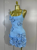 Elegant Chic 3D Beaded Flower Spaghetti Strap Short Bodycon Bandage Dress Luxury Party Prom Gown Birthday Wedding Guest Dresses