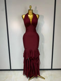 Women Sexy Halter Neck Ruffles Pacthwork Bandage Dress Black Sleeveless Backless Bodycon Dresses Evening Party Birthday Gown