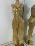 Sparkly Diamonds Sequins Fringes Luxury Jumpsuit Gold Sleeveless Mesh Performance Dance Costume Nightclub Singer Stage Rompers
