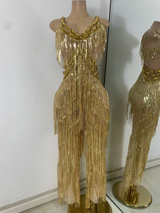 Sparkly Diamonds Sequins Fringes Luxury Jumpsuit Gold Sleeveless Mesh Performance Dance Costume Nightclub Singer Stage Rompers