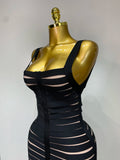 Women Sexy Sleeveless Square Collar Black Tassel Long Bandange Dresses Elegant Evening Party Birthday Gown Design Club Dress
