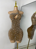 Sparkly Silver Rhinestones Mini Dress Luxury Women Sexy Mesh Hollow Out Celebrity Birthday Cocktail Dresses Performance Wear