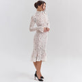 Elegant White Lace Midi Dress Women's Turtleneck Long Sleeve Ruched Bodycon Dresses Evening Party Cocktail Female Winter Autumn