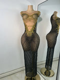 Sparkly Rhinestones Gold Black Long Dress Women Evening Prom Birthday Gown Sexy Transparent Performance Costume Stage Wear