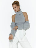 Women's Ribbed Knit Turtleneck Cutout Shoulder Halter Vest Long-Sleeved Shawl 2-Piece Set Slim Y2K Sexy Street Autumn Top