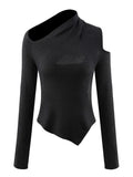 Solid Hollow Out Pullover Sweater For Women Diagonal Collar Long Sleeve Irregular Hem Slimming Sweater Female New