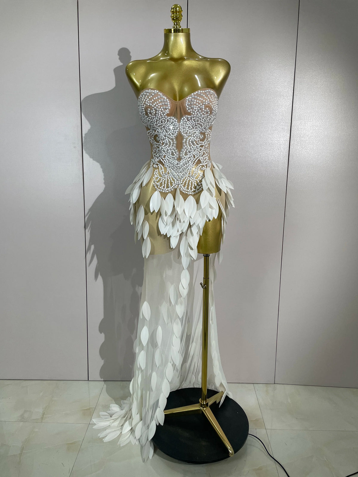 Luxury Sparkly Diamonds Pearls Strapless Mesh Maxi Dress Elegant Eveing Birthday Party Sexy Nightclub Performance Stage Costume