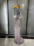 Women Luxury Sequins Strapless Crystal Bodycon Evening Party Dress Celebrity Gala Gown Birthday Club Long Floor Dress