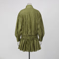 Olive Green Elegant Pleated Dress Women Fashion Solid Stand Neck Lantern Sleeve Double Breasted Loose Mini Dress Women