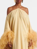 Glam Halter Off Shoulder Floor Length Dress for Women Loose Kaftan Feather Trim Wide Sleeve Back Tie Tassel for Party Gown