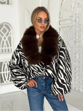 Zebra Print  Fur Collar Puffer Jacket Womens Button Down Trendy Warm Coat Fall Winter Party Club Streetwear Cozy Daily Outerwear