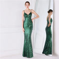 Women Spaghetti Strap Party Maxi Dress Sexy V Neck Evening Green Sequin Dress Elegant Long Prom Dress Vestido Longo