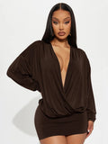 Sexy Ruched Dress Women Deep V-Neck Elegant Peach Hip Full Sleeve Spring Fashion Party Clubwear Skinny Mini Bodycon