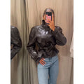 Stand Collar Faux Leather Cropped Jacket Waist Belted Button Long Sleeve Outerwear Winter New Street Women Daily Casual Outfit