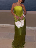 Ladies Strapless Fringe Maxi Gown Tiered Asymmetrical Sleeveless Slim Robe Summer Beach Club Cocktail 2026 New Chic Hot Vestidos