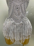 Sparkly Silver Rhinestones Pearl Tassels Bodysuit 2025 New Women Sexy Eveing Birthday Party Nightclub Stage Performance Costume