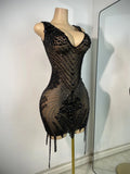 Luxury Rhinestones Mesh Short Dress Women Sexy Transparent Performance Stage Costume Black V Neck Nightclub Birthday Clothes