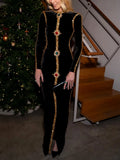 Black Velvet Holiday Celebrations Maxi Gown for Women O Neck Gold Trim Slim Jewel Accent High Slit Dresses for Luxury Dinner