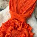 Women Ruffles Splicing V-neck Sleeveless Bodycon Midi Pleated Maxi Long Dress  Birthday Sexy Club Party Even Dresses