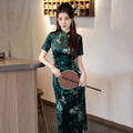Green Short Sleeved Velvet Chinese Style Long Autumn Qipao Young Women's High-end Retro Evening Dress Qipao