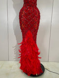 Luxury Sparkly Red Rhinestones Feather Sexy Mesh See Through Long Dress Women Birthday Evening Nightclub DJ Dancer Stage Costume