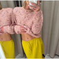 Women Crew Neck Knit Cardigan Single‑Breasted Metal Buttons Long Sleeve Cropped Sweater Coat Pockets Casual Knitwear Outerwear