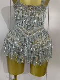 Luxury Sparkly Rhinestone Sequins Tassel Mesh Bodysuits Women Celebrate Eveing Birthday Party Nightclub Bar Dencer Stage Costume